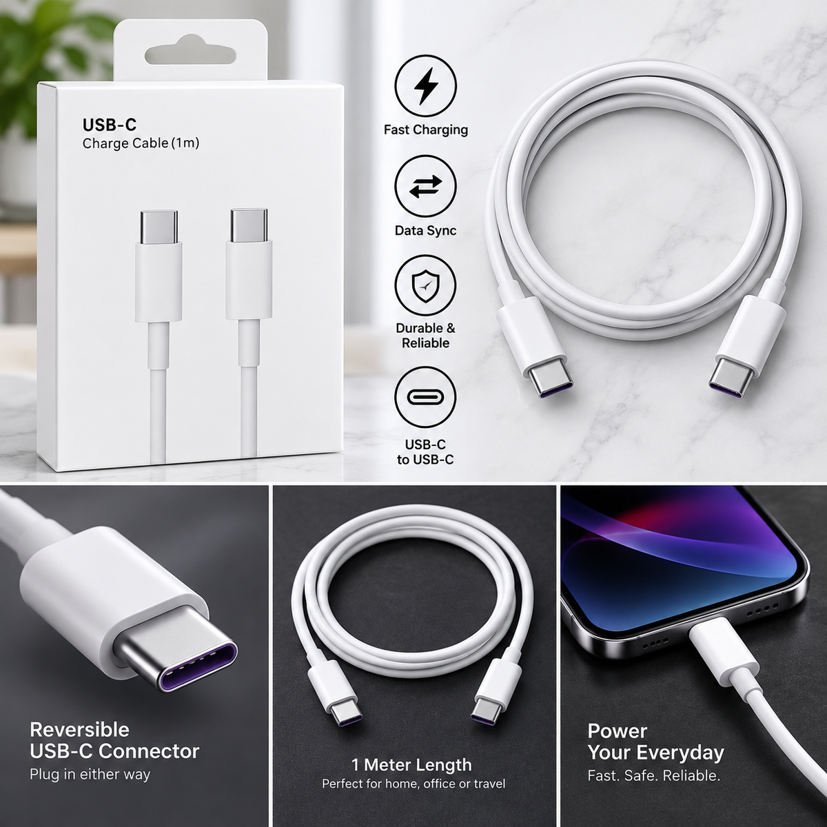 60W USB-C to USB-C Fast Charging Cable – 3 ft